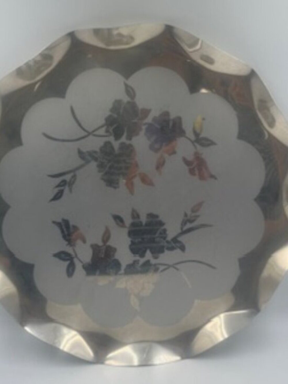 Vintage silver‎ aluminum serving tray etched floral center fluted scalloped edge